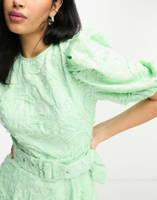 ASOS DESIGN - Robe patineuse mi-longue ceinturée en jacquard texturé - Vert pomme, 2 de 4