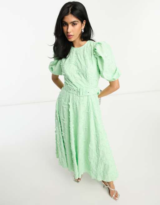 ASOS DESIGN - Robe patineuse mi-longue ceinturée en jacquard texturé - Vert pomme, 4 de 4