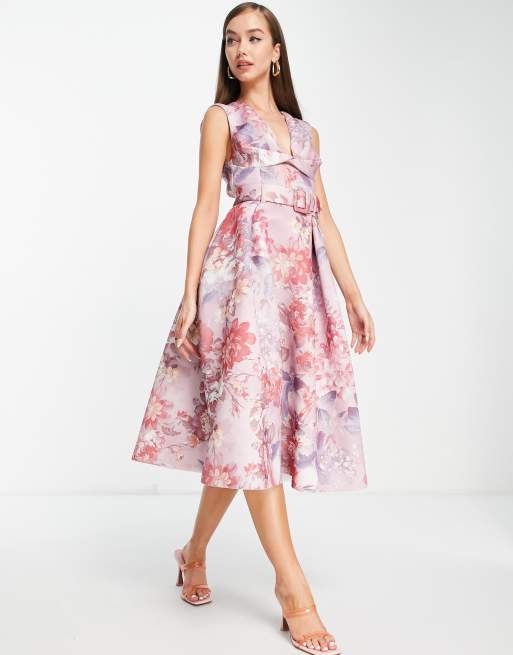 ASOS DESIGN Robe patineuse mi longue de bal de promo encolure carr e torsad e ceinture et imprim floral