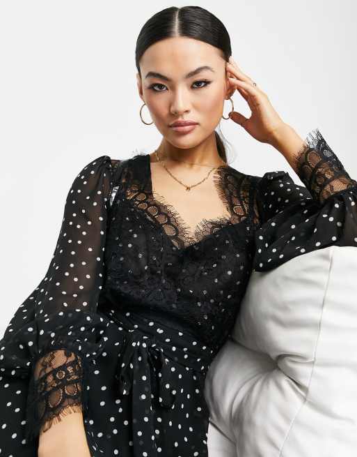 ASOS DESIGN - Robe patineuse mi-longue douce à pois et détails en dentelle frangée , 3 de 4