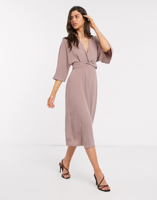 ASOS DESIGN - Robe patineuse mi-longue effet torsadé sur le devant avec manches chauve-souris - Vison, 4 de 4