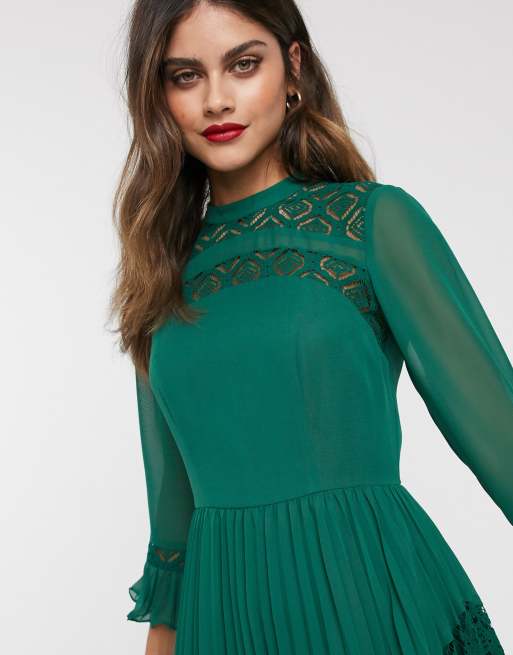 ASOS DESIGN - Robe patineuse mi-longue plissée et incrustée de dentelle à manches longues, 3 de 4