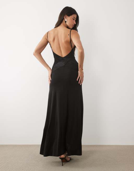 ASOS DESIGN - Robe plissée longue à col V contrastant et dos ouvert - Noir, 2 de 4