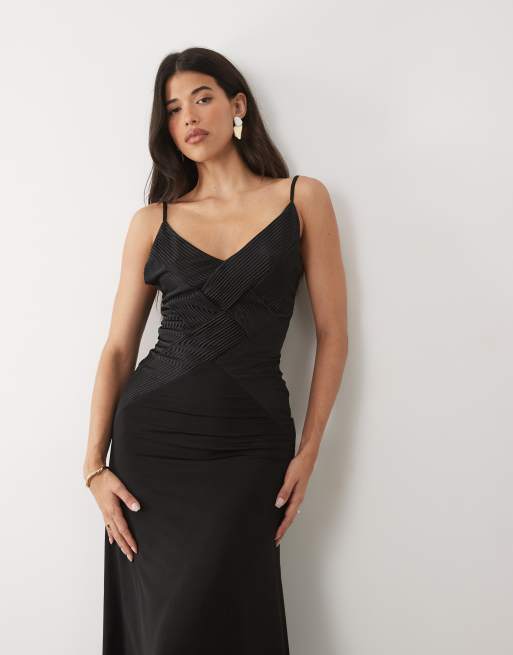 ASOS DESIGN - Robe plissée longue à col V contrastant et dos ouvert - Noir, 4 de 4