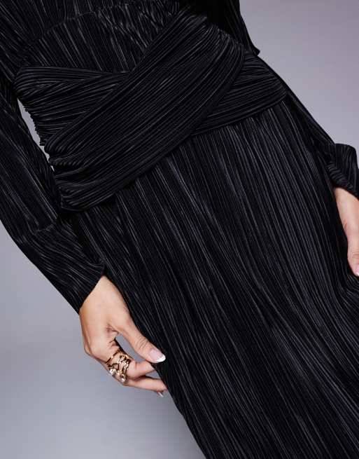 ASOS DESIGN - Robe plissée longue à taille croisée et manches longues avec col montant - Noir, 4 de 4