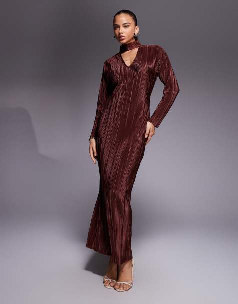 ASOS DESIGN - Robe plissée longue avec col V et détail autour du cou - Chocolat - view 1