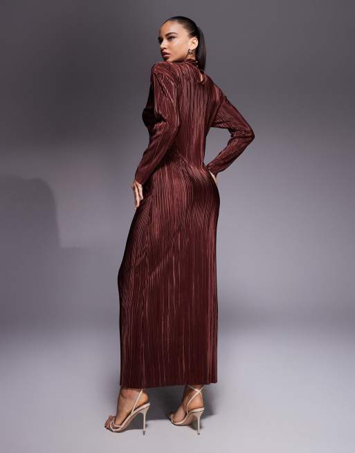 ASOS DESIGN - Robe plissée longue avec col V et détail autour du cou - Chocolat, 4 de 4