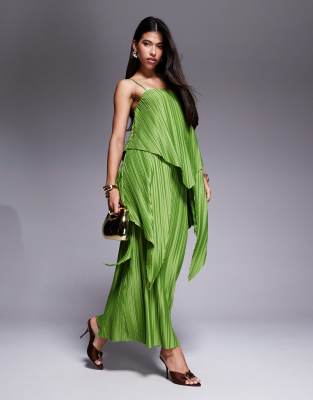 ASOS DESIGN - Robe plissée longue en tissu double épaisseur de qualité supérieure avec encolure carrée et ourlet évasé - Vert