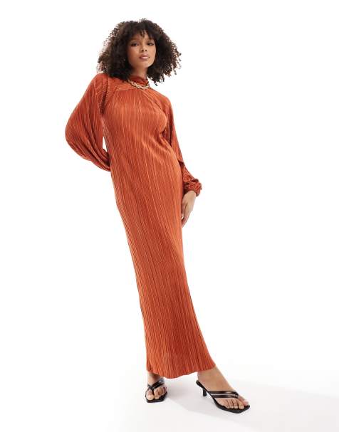 ASOS DESIGN - Robe plissée longue et modeste à manches longues et encolure croisée - Rouille - view 1