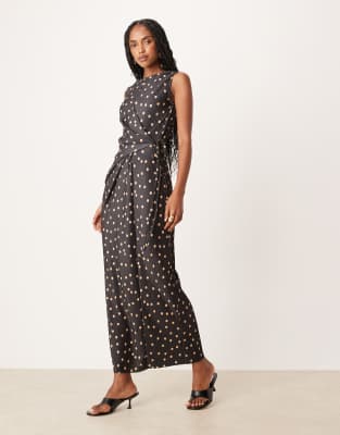Robe plissée longue et sans manches avec détail croisé et noué à l'avant - Motif à pois-Multicolore 42