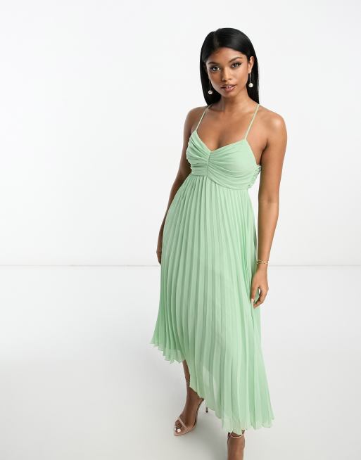 ASOS DESIGN Robe plissee mi longue a bretelles fines Vert sauge ASOS