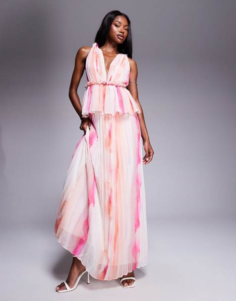 ASOS DESIGN - Robe plissée mi-longue à décolleté plongeant et basque - Rayures floues - view 1