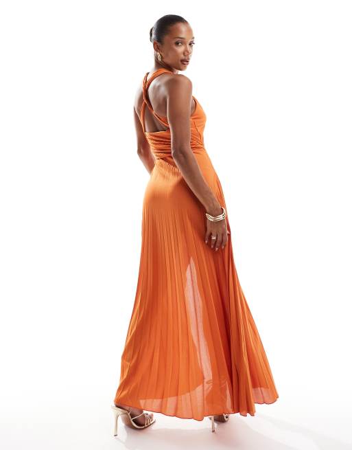 ASOS DESIGN Robe plissee mi longue a dos nu et lanieres croisees Orange brule