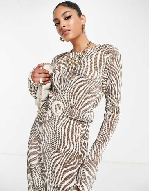 ASOS DESIGN - Robe plissée mi-longue à manches longues avec ceinture et imprimé zébré - Marron, 3 de 4