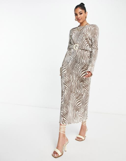 ASOS DESIGN - Robe plissée mi-longue à manches longues avec ceinture et imprimé zébré - Marron, 4 de 4
