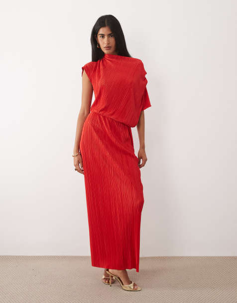 ASOS DESIGN - Robe plissée mi-longue avec taille drapée - Rouge - view 1