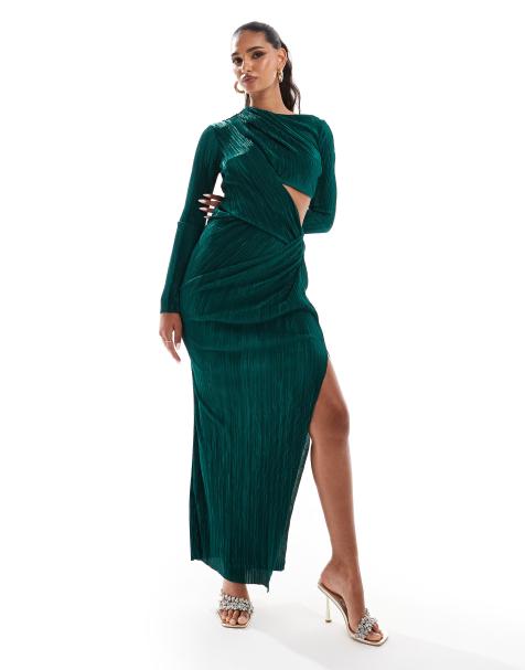 ASOS DESIGN - Robe plissée mi-longue effet drapé avec découpe - Vert bouteille - view 1