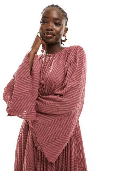 ASOS DESIGN Robe pliss e mi longue en mousseline chevrons avec manches vas es et liens au dos Rose