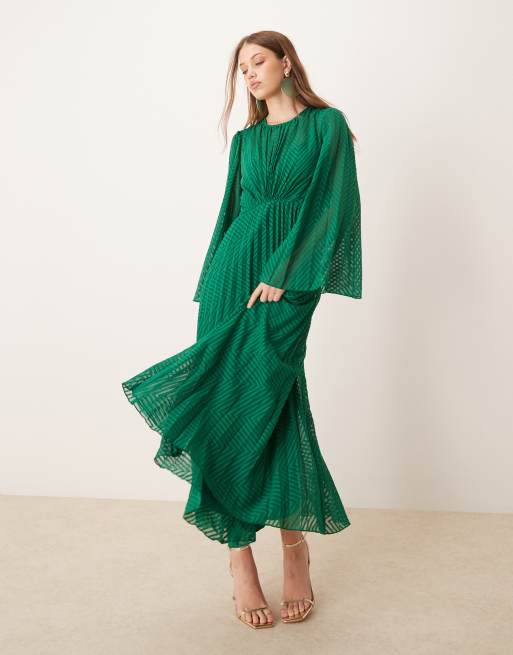 ASOS DESIGN - Robe plissée mi-longue en mousseline à chevrons avec manches évasées et liens au dos - Vert, 3 de 4