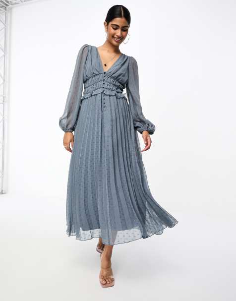 ASOS DESIGN - Robe plissée mi-longue et boutonnée en plumetis à taille froncée - Gris/argenté - view 1