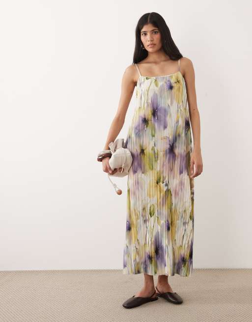 ASOS DESIGN - Robe plissée mi-longue et sans manches avec encolure carrée et imprimé fleuri flouté, 3 de 4