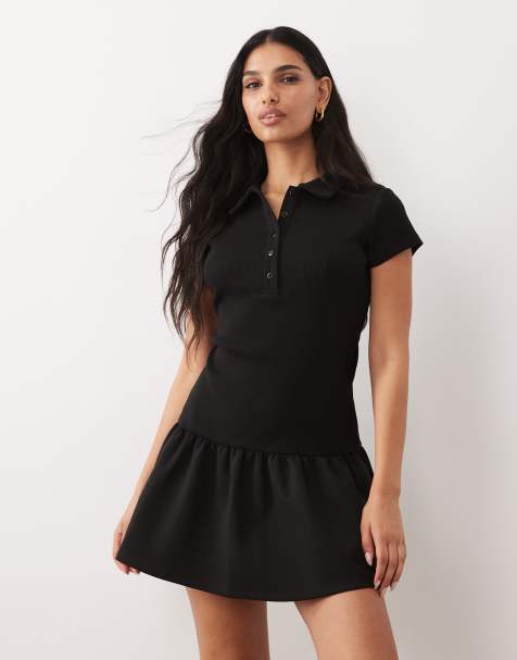 ASOS DESIGN - Robe polo courte 2-en-1 en maille interlock côtelée avec ourlet à basque - Noir - view 1