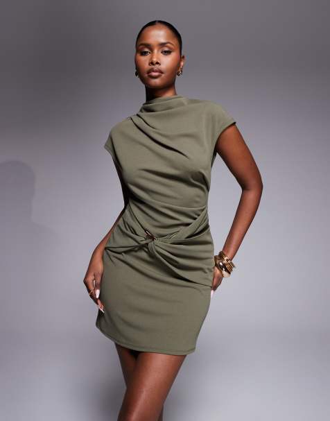 ASOS DESIGN - Robe portefeuille courte à mancherons et détail fantaisie - Kaki - view 1