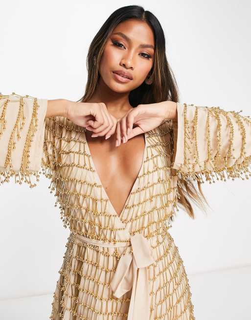 ASOS DESIGN Robe portefeuille courte avec franges perles Dor