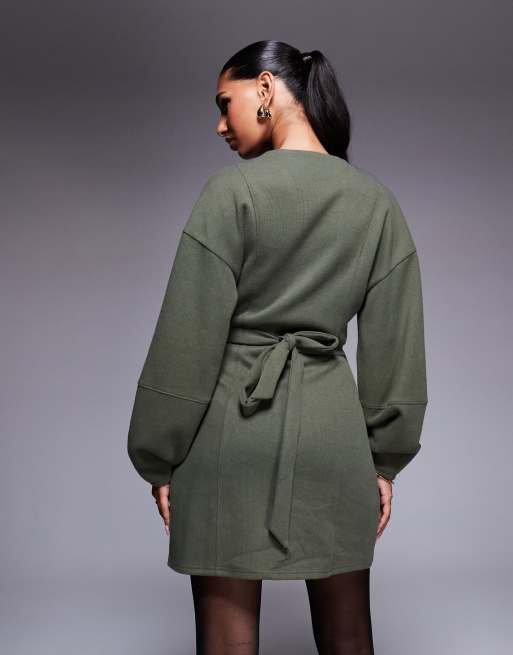 ASOS DESIGN - Robe portefeuille courte nouée devant en tissu ultra-doux à manches longues - Kaki, 3 de 4
