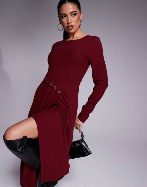 ASOS DESIGN - Robe portefeuille longue avec boutons asymétriques - Bordeaux - view 1