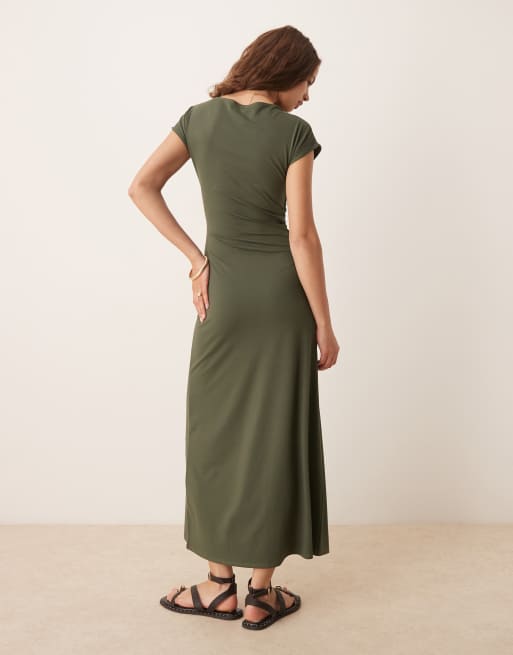 ASOS DESIGN - Robe portefeuille longue avec liens à nouer et mancherons - Vert, 4 de 4