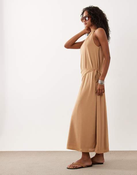 ASOS DESIGN - Robe portefeuille longue en jersey texturé avec détail foulard - Taupe - view 1