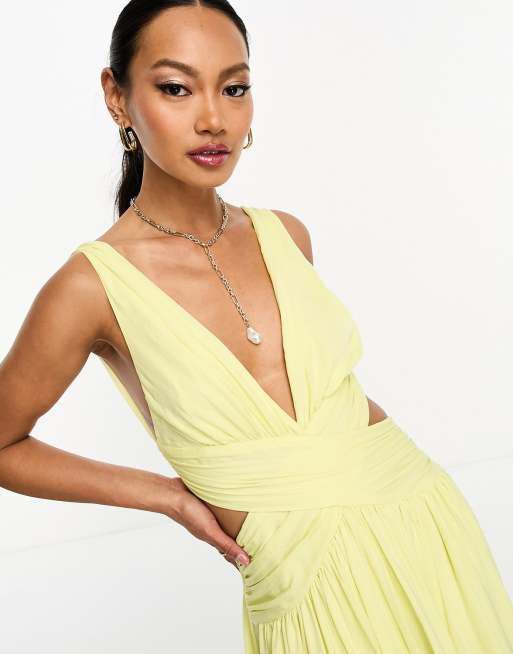 ASOS DESIGN Robe portefeuille longue en satin ourlet asym trique Jaune citron