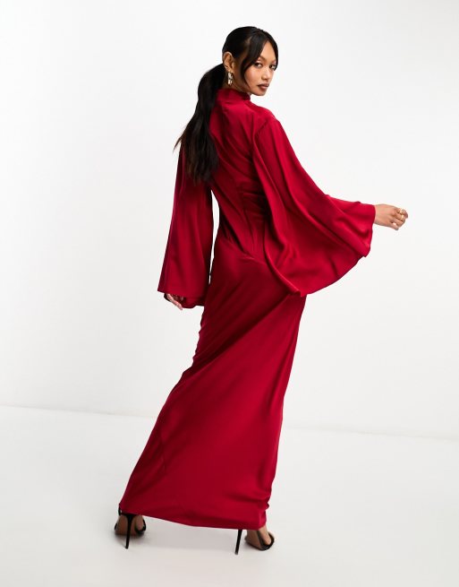 ASOS DESIGN - Robe portefeuille longue en satin avec corsage drapé et manches kimono - Rouge profond, 3 de 4