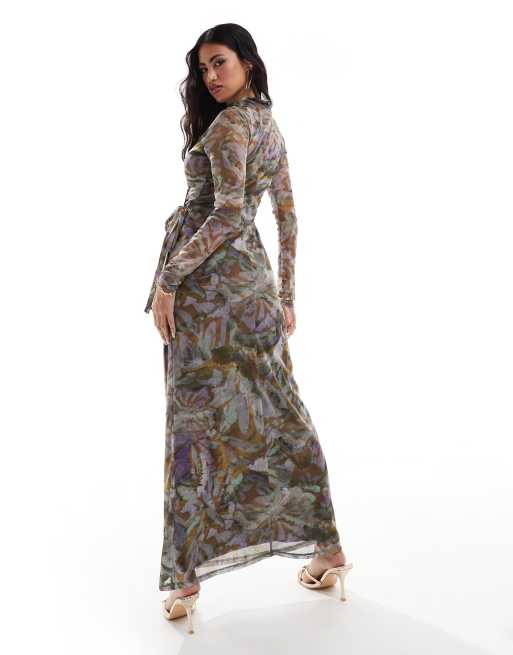 ASOS DESIGN - Robe portefeuille longue imprimée à col montant - Imprimé fleurs foncé, 3 de 4