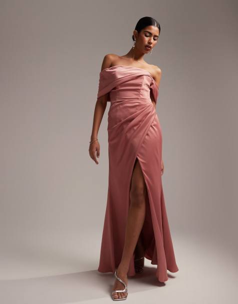 ASOS DESIGN - Robe portefeuille longue pour demoiselle d'honneur en satin effet drapé avec encolure bardot - Vieux rose - view 1