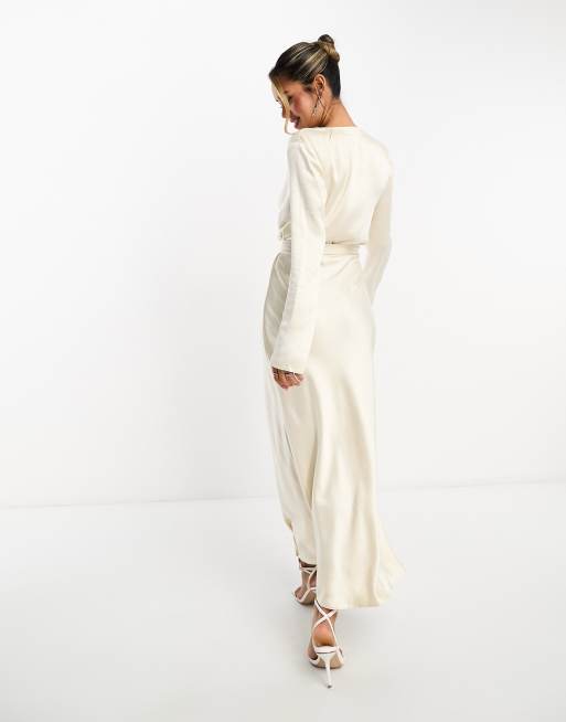 ASOS DESIGN - Robe portefeuille longueur mollet en satin à manches longues - Huître, 2 de 4
