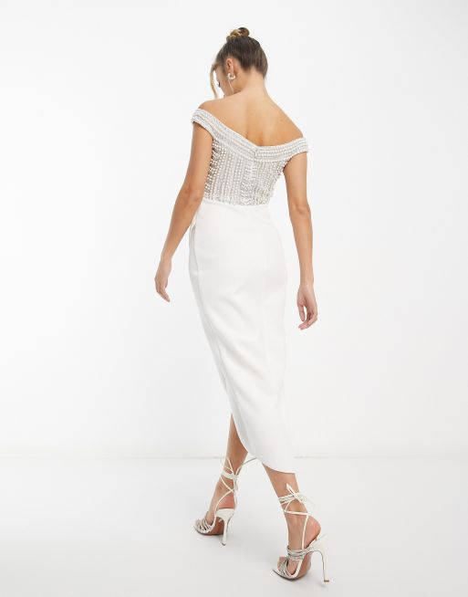 ASOS DESIGN - Robe portefeuille mi-longue à épaules dénudées avec perles nacrées - Blanc, 2 de 4