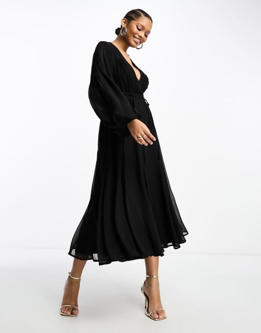 ASOS DESIGN - Robe portefeuille mi-longue à manches ballon nouée à la taille - Noir, 3 de 4
