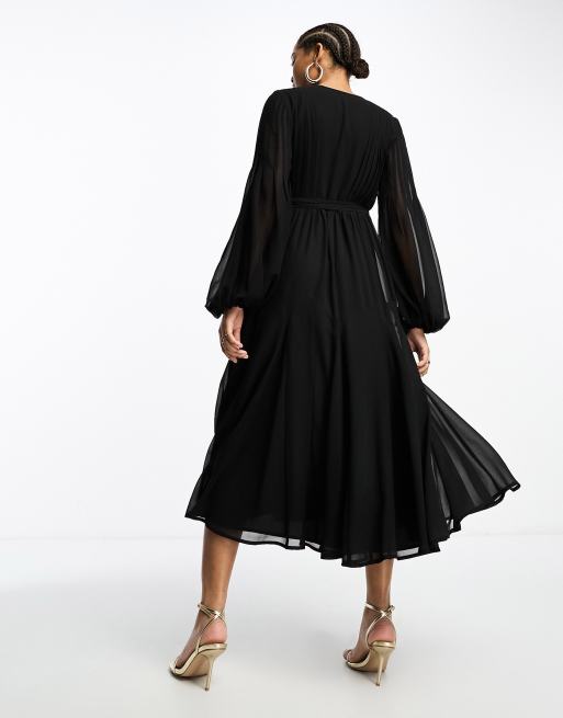 ASOS DESIGN - Robe portefeuille mi-longue à manches ballon nouée à la taille - Noir, 4 de 4