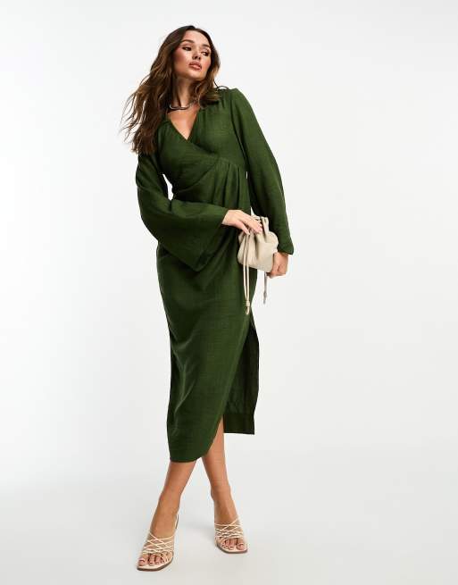 ASOS DESIGN Robe portefeuille mi longue a manches evasees avec fronces et col Vert fonce ASOS