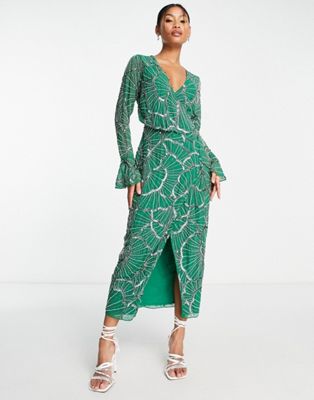 ASOS DESIGN - Robe portefeuille mi-longue à motif festonné ornementé - Vert | ASOS