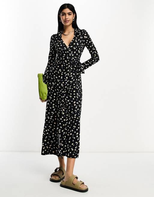 ASOS DESIGN - Robe portefeuille mi-longue à petites fleurs avec col et manches longues - Noir, 4 de 4