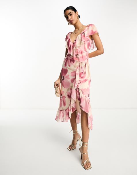 ASOS DESIGN - Robe portefeuille mi-longue à volants en mousseline imprimé fleuri - view 1