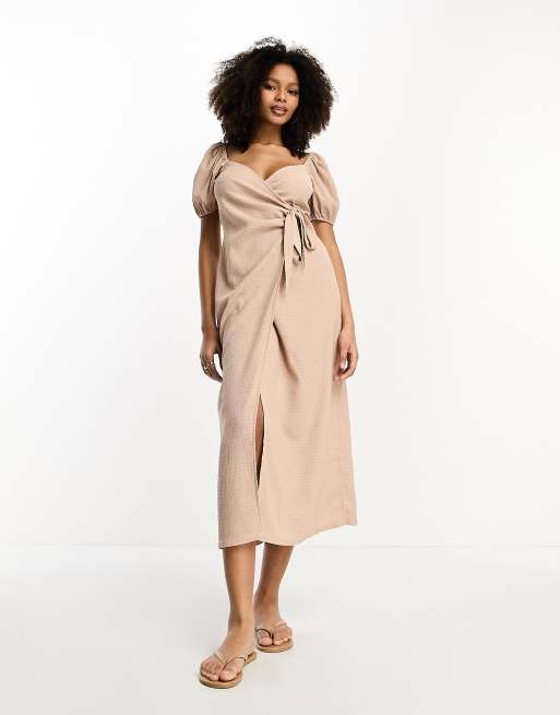 ASOS DESIGN Robe portefeuille texturee avec manches bouffantes et lien noue sur le cote Vison ASOS