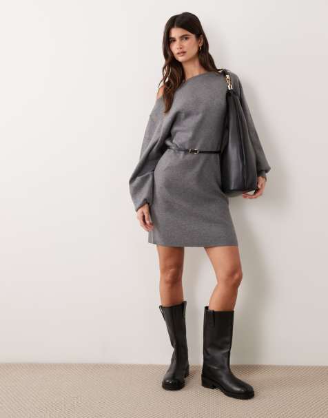 ASOS DESIGN robe-pull ceinturée à encolure bateau en charbon - view 1