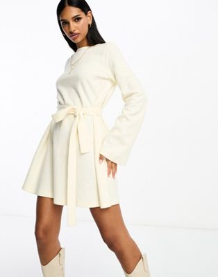 ASOS DESIGN super soft flare sleeve jumper swing mini dress with belt in winter white - ASOS Price Checker