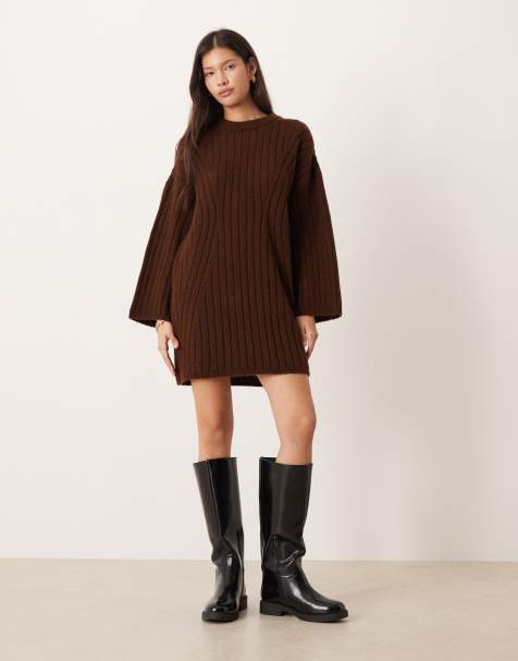 ASOS DESIGN - Robe pull en maille côtelée à col ras de cou - Chocolat - view 1
