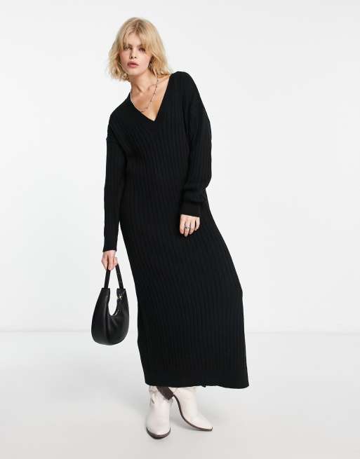 ASOS DESIGN Robe pull longue en maille avec col en V Noir