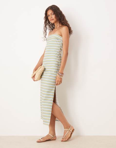ASOS DESIGN - Robe rayée mi-longue à encolure bandeau repliée - Bleu et vert - view 1